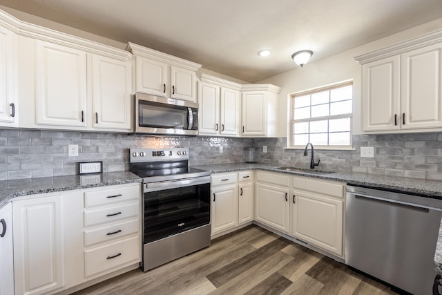 kitchen with tasteful backsplash, appliances with stainless steel finishes, a sink, and wood finished floors