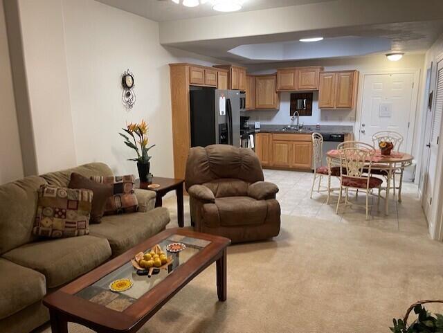 living area featuring light carpet and a tray ceiling