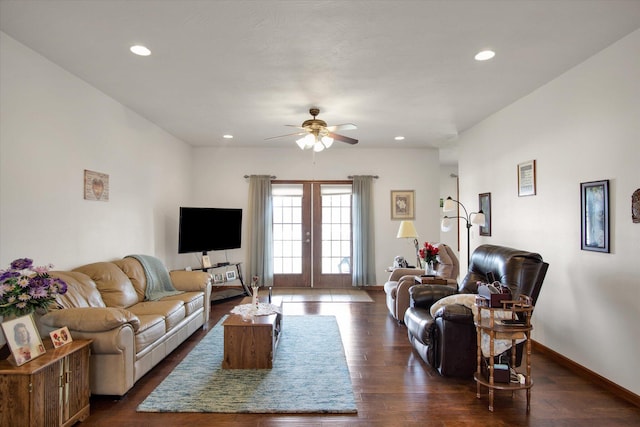 living room with baseboards, dark wood finished floors, ceiling fan, french doors, and recessed lighting