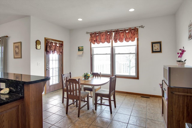 dining area with recessed lighting, visible vents, baseboards, and light tile patterned floors