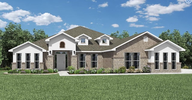 view of front of house with stone siding, brick siding, roof with shingles, and a front yard