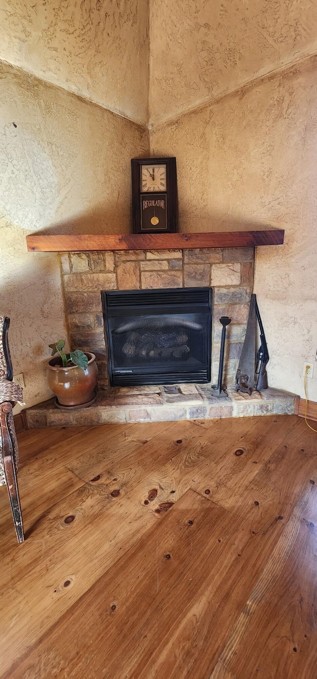 room details with a fireplace and wood finished floors