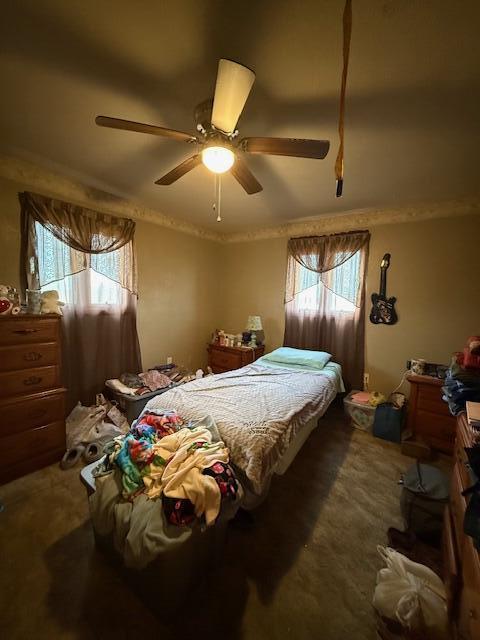 bedroom featuring ceiling fan, multiple windows, carpet, and crown molding