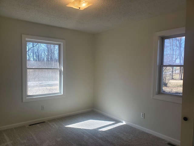 unfurnished room with a healthy amount of sunlight, carpet, visible vents, and a textured ceiling