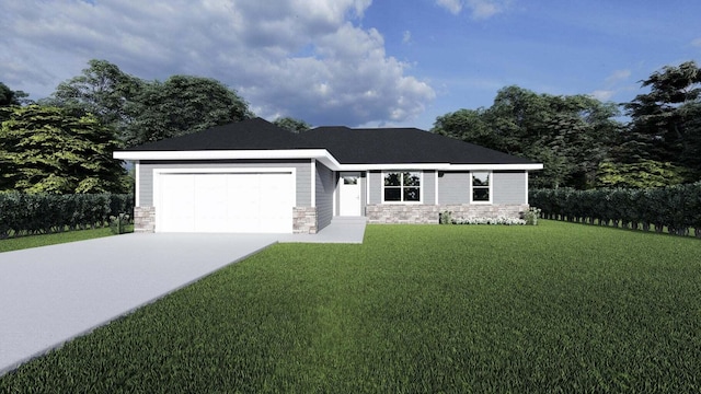 view of front of property featuring a garage, a front yard, stone siding, and concrete driveway