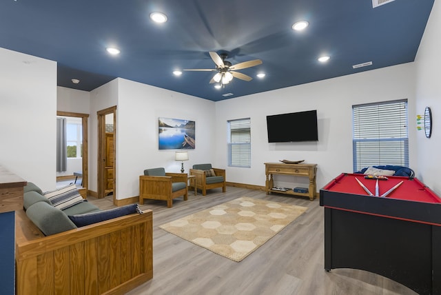 living room with a ceiling fan, recessed lighting, pool table, and wood finished floors