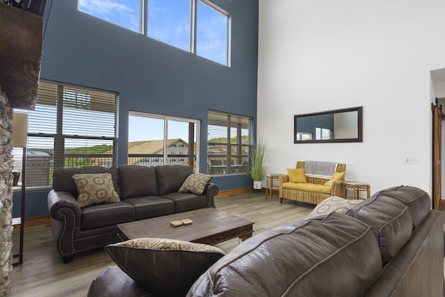 living area featuring a towering ceiling, baseboards, and wood finished floors