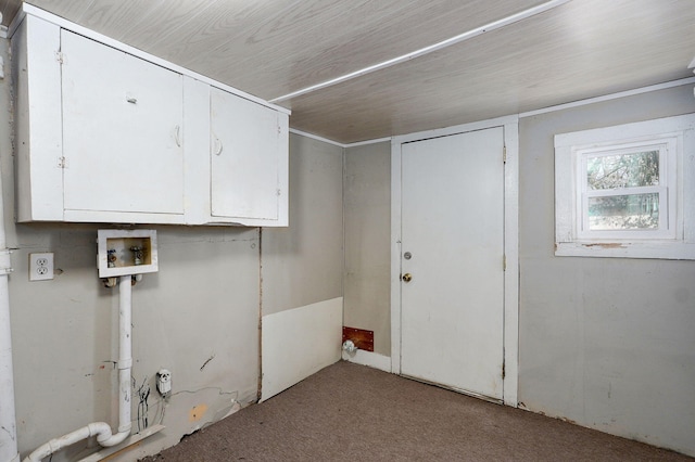 washroom featuring carpet, hookup for a washing machine, and cabinet space