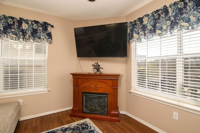 living area featuring a fireplace, wood finished floors, and baseboards