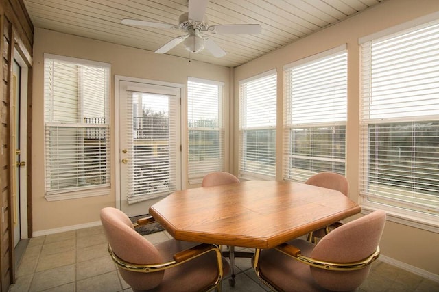 dining area with wooden ceiling, light tile patterned floors, ceiling fan, and baseboards