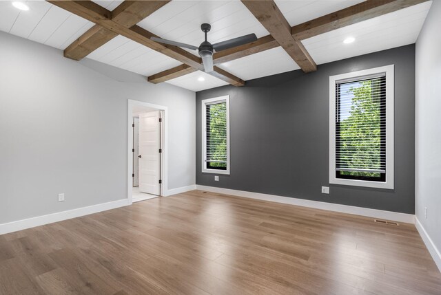 767 Thornridge Dr, Springfield, MO 65809 - empty room featuring a ceiling fan, plenty of natural light, baseboards, light wood-style flooring, and beamed ceiling