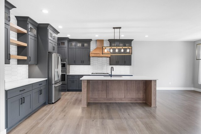 767 Thornridge Dr, Springfield, MO 65809 - kitchen featuring stainless steel refrigerator with ice dispenser, premium range hood, a sink, light countertops, and open shelves