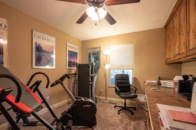 exercise area with a ceiling fan, carpet floors, a textured ceiling, and baseboards