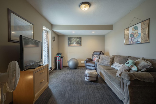 living room with dark wood-style flooring