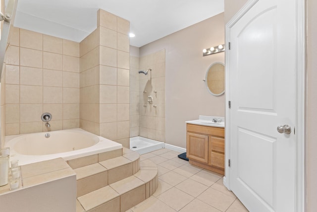 full bathroom featuring a tile shower, tile patterned flooring, vanity, and a bath