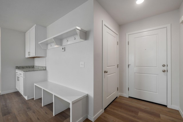 mudroom with dark wood-style flooring and baseboards