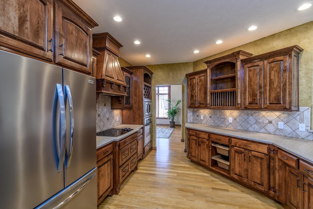 kitchen featuring open shelves, recessed lighting, decorative backsplash, appliances with stainless steel finishes, and light wood-type flooring