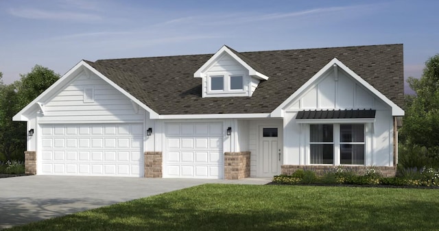 view of front of home featuring driveway, roof with shingles, an attached garage, a front lawn, and board and batten siding