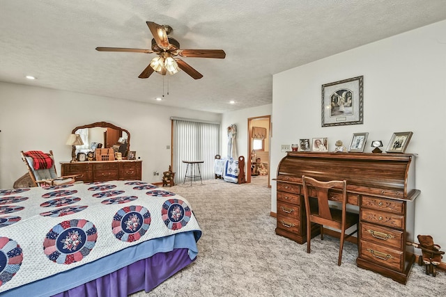 carpeted bedroom with a ceiling fan, a textured ceiling, and recessed lighting