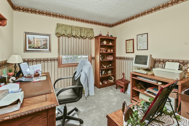 carpeted office with a wainscoted wall and a textured ceiling