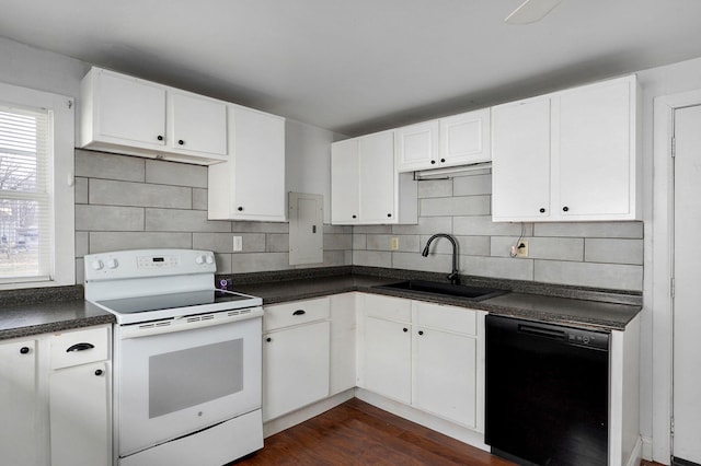 kitchen with dishwasher, dark countertops, a sink, and white range with electric stovetop