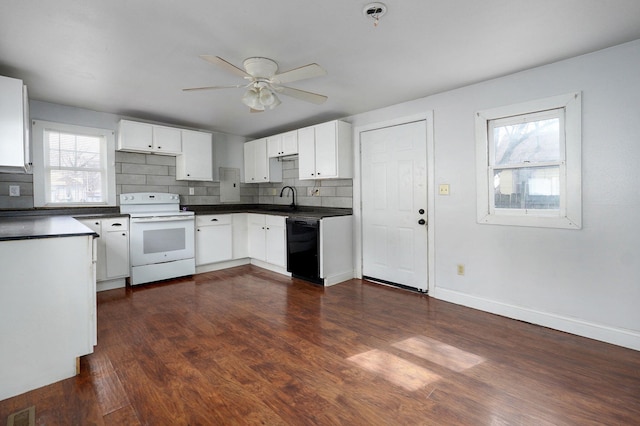 kitchen featuring dark wood-style floors, dark countertops, visible vents, backsplash, and electric range