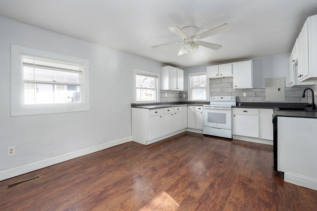 kitchen with a sink, visible vents, white range with electric cooktop, dark countertops, and dark wood finished floors