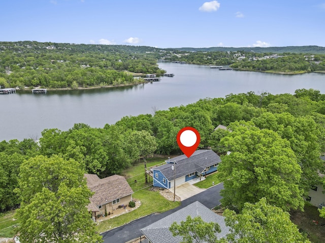 birds eye view of property featuring a water view and a forest view