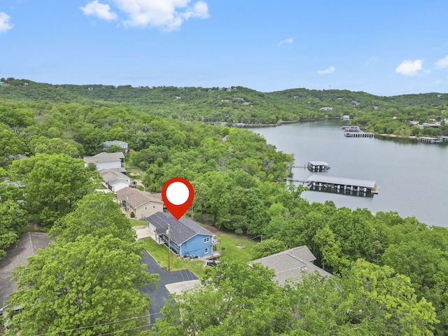 bird's eye view with a water view and a forest view