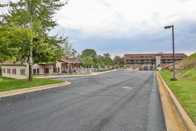 view of road featuring street lighting and curbs