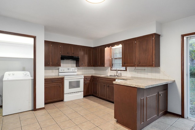 kitchen featuring white electric stove, under cabinet range hood, a sink, light countertops, and washer / clothes dryer