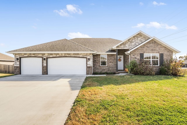 ranch-style house with roof with shingles, brick siding, concrete driveway, an attached garage, and a front lawn