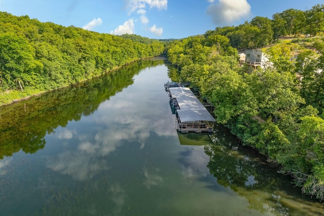 exterior space with a floating dock and a forest view