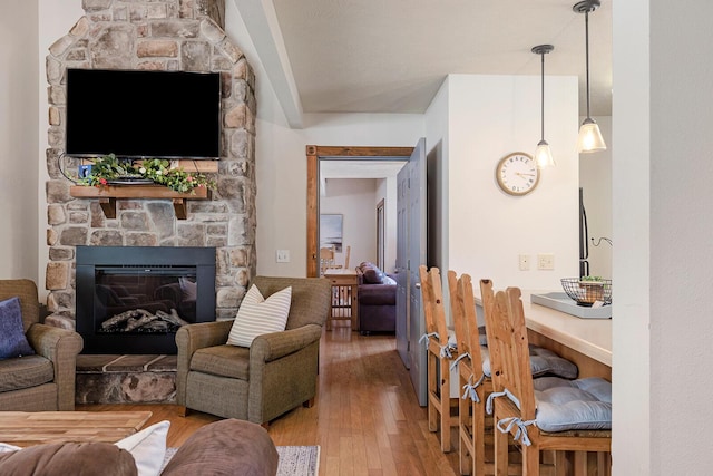 living room featuring a fireplace and hardwood / wood-style floors