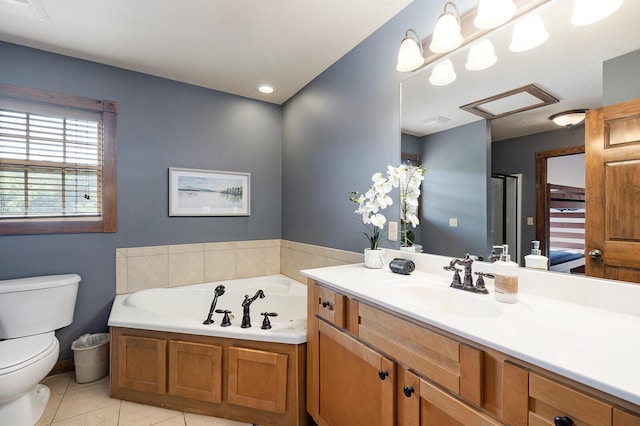 bathroom with visible vents, toilet, tile patterned flooring, vanity, and a bath