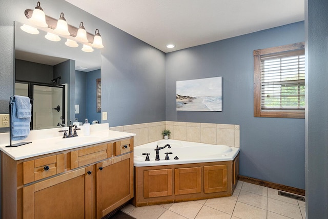 full bath with a garden tub, visible vents, a stall shower, vanity, and tile patterned flooring