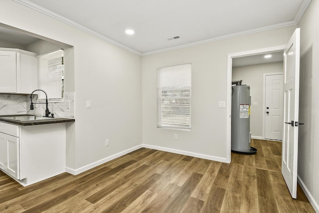 interior space featuring visible vents, dark wood-type flooring, water heater, white cabinetry, and a sink