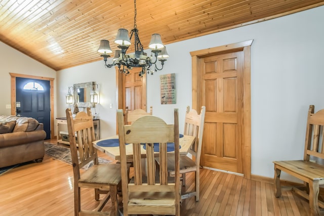 dining area featuring lofted ceiling, wooden ceiling, light wood-style flooring, and a notable chandelier