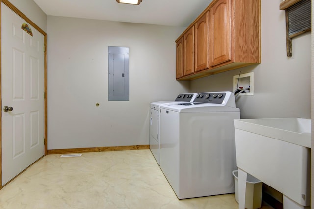 245 Wildflower Rd, Kimberling City, MO 65686 - washroom featuring cabinet space, electric panel, baseboards, washer and dryer, and a sink