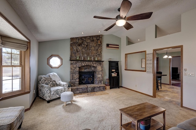 living room featuring lofted ceiling, light colored carpet, a fireplace, and a textured ceiling