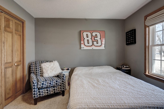 carpeted bedroom featuring a textured ceiling and multiple windows