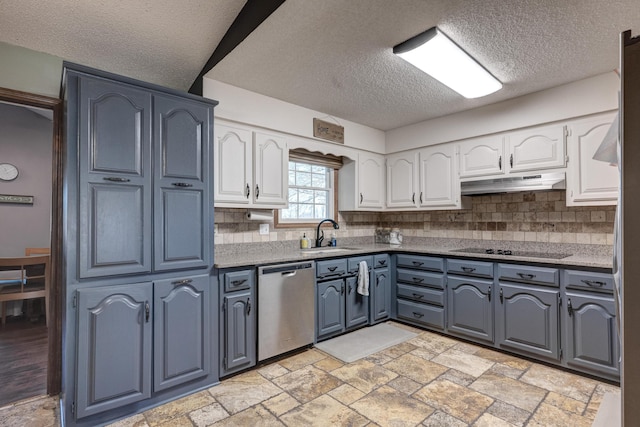 kitchen featuring white cabinets, black electric stovetop, stainless steel dishwasher, under cabinet range hood, and a sink