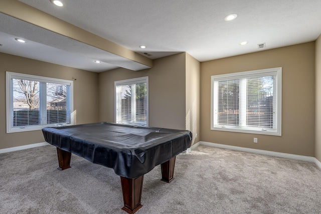 playroom with carpet floors, billiards, baseboards, and recessed lighting