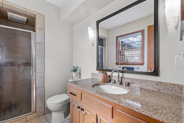 full bathroom with toilet, tile patterned floors, a shower stall, and vanity