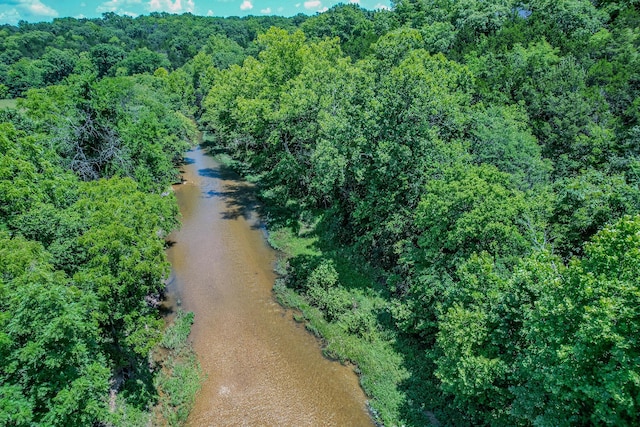 drone / aerial view featuring a water view and a view of trees