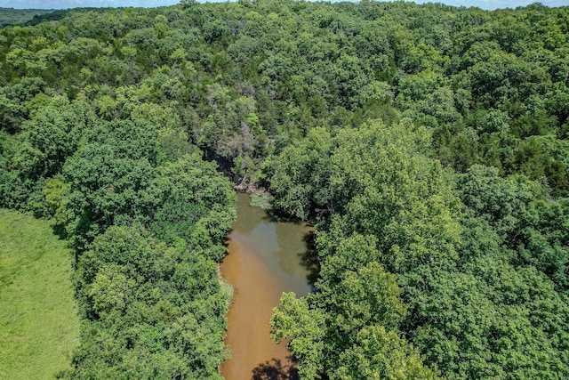 birds eye view of property featuring a water view and a view of trees