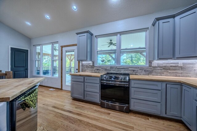 kitchen with tasteful backsplash, wooden counters, light wood-style floors, dishwasher, and stainless steel electric range