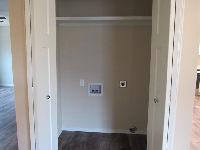 laundry area featuring hookup for a washing machine, hookup for an electric dryer, laundry area, wood finished floors, and baseboards