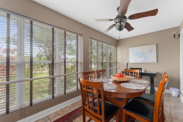 dining area featuring a wealth of natural light, baseboards, and a ceiling fan