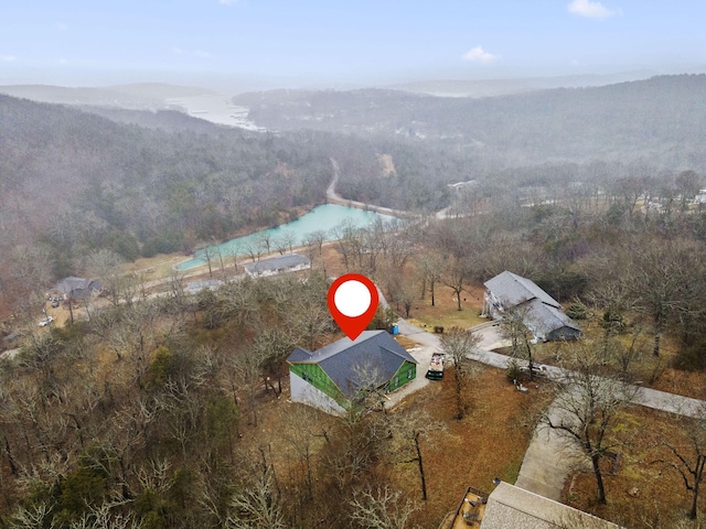 birds eye view of property with a water view and a forest view